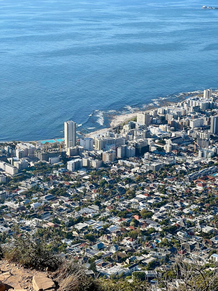 Breathtaking aerial view of a coastal city with the ocean in the background.